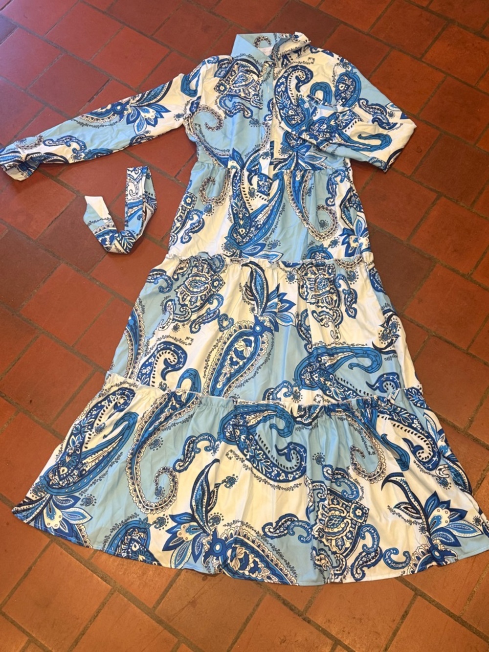 Blue Paisley Maxi Shirt Dress with Tie Waist - Picture 8 of 8
